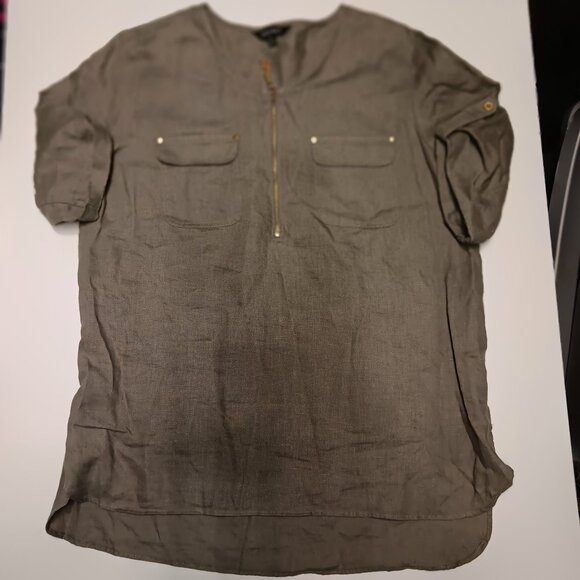 Ellen Tracy Women's 100% Linen Popover Roll-Up Sleeve Shirt Blouse Olive Large - Picture 1 of 7